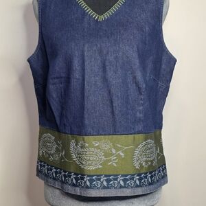 VTG Pine Cove by Sharon Young Denim Paisley Border Top - Size 8